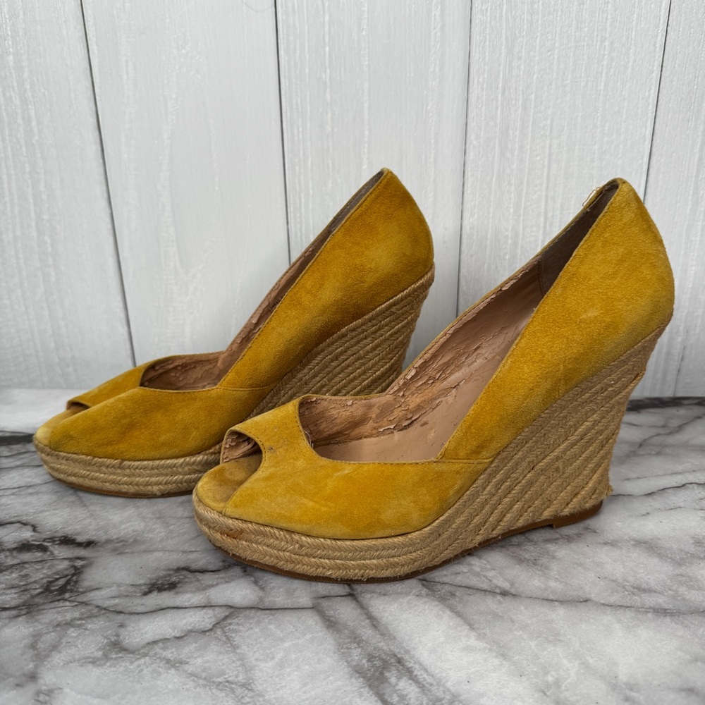 Colin Stuart Mustard Wedge Peep-Toe Espadrilles